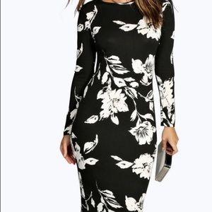 Boohoo Midi Long Sleeve Floral Bodycon